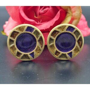 Vintage Xeja Brushed Gold Tone & Enamel Round Clip On Earrings 90's Signed 1.25"